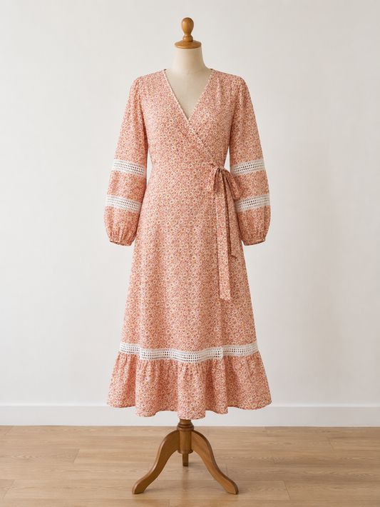 Maje Peach/Pink Daisy Floral Linen Blend Wrap Midi Dress
