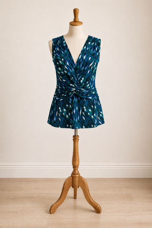 Tory Burch Blue & Green Abstract Twist Front Silk Top
