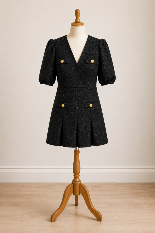Maje Riolette Black Tweed Mini Dress with Gold Button Detail