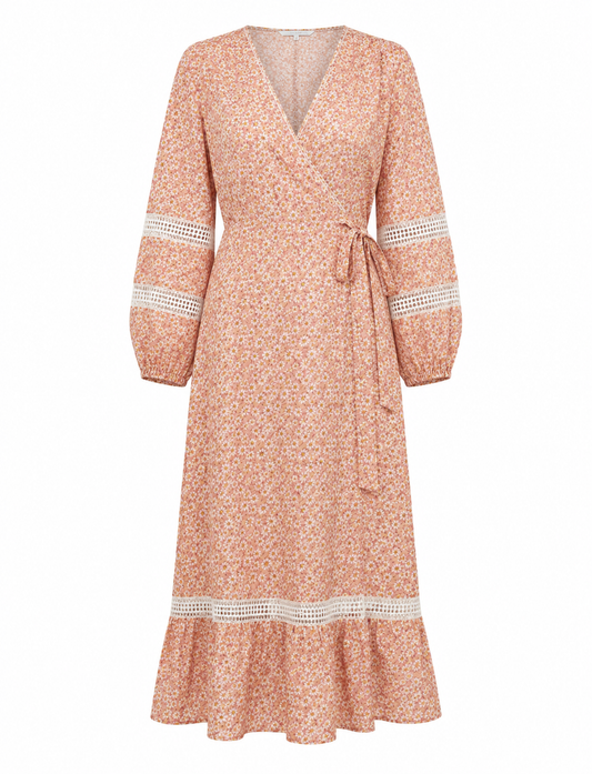 Maje Peach/Pink Daisy Floral Linen Blend Wrap Midi Dress