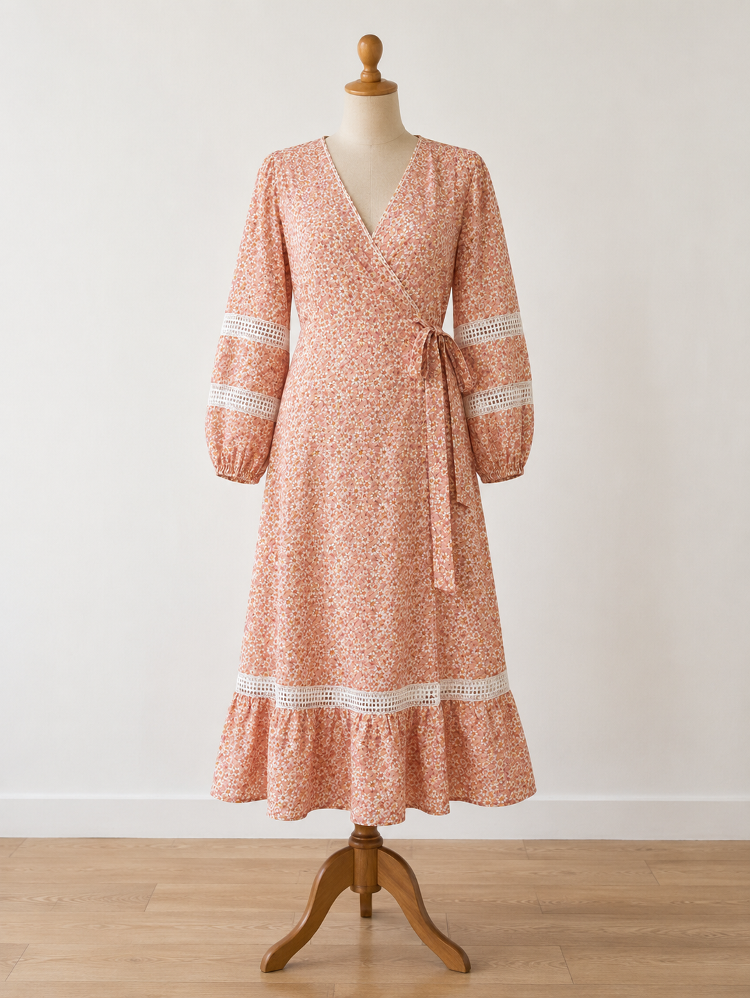 Maje Peach/Pink Daisy Floral Linen Blend Wrap Midi Dress