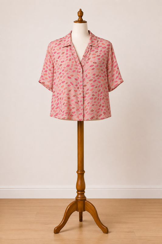 Johnny Was Blush Pink Silk Lip Print Shirt