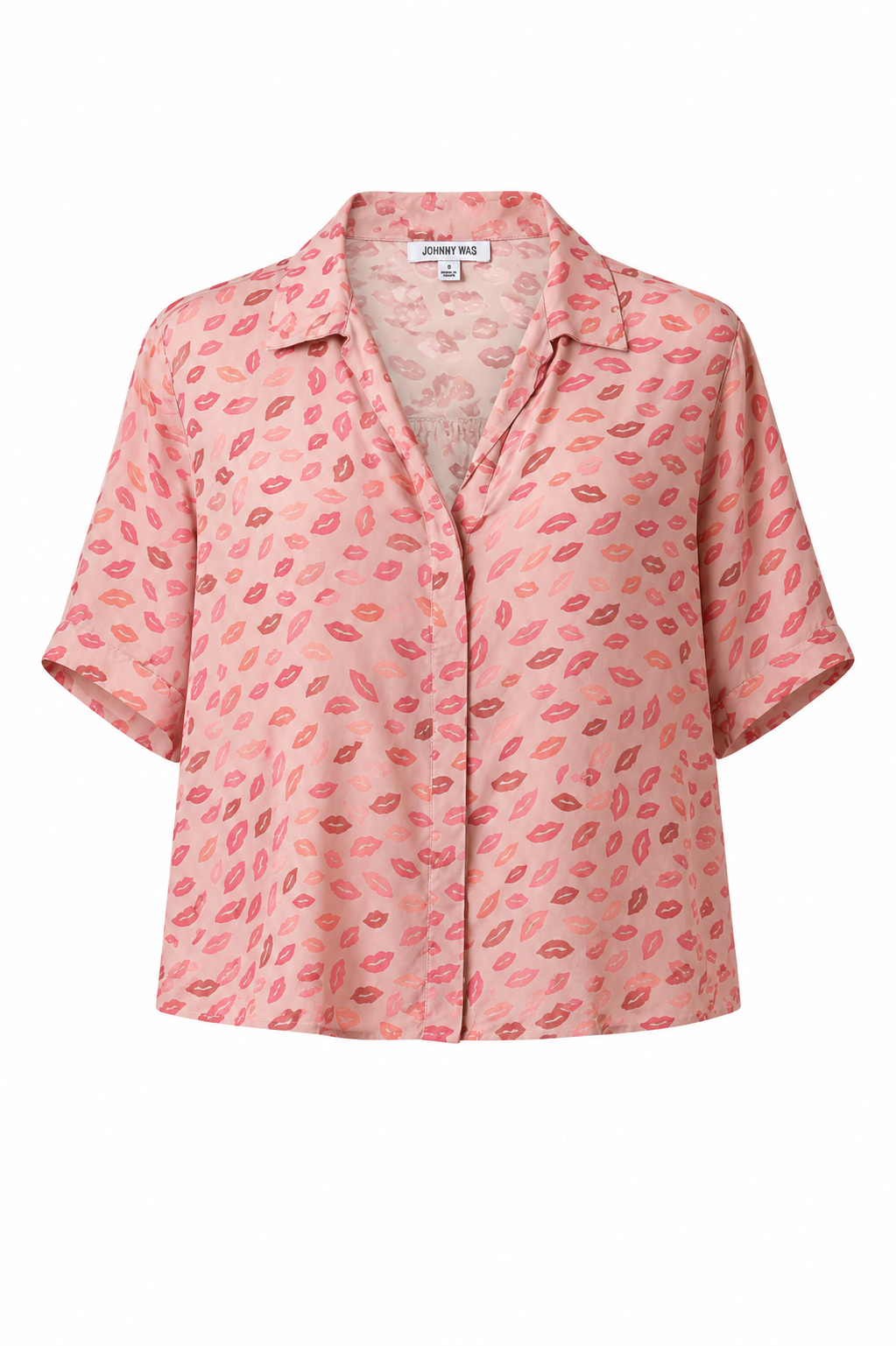 Johnny Was Blush Pink Silk Lip Print Shirt