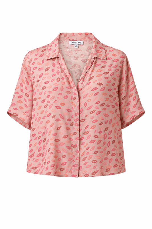 Johnny Was Blush Pink Silk Lip Print Shirt