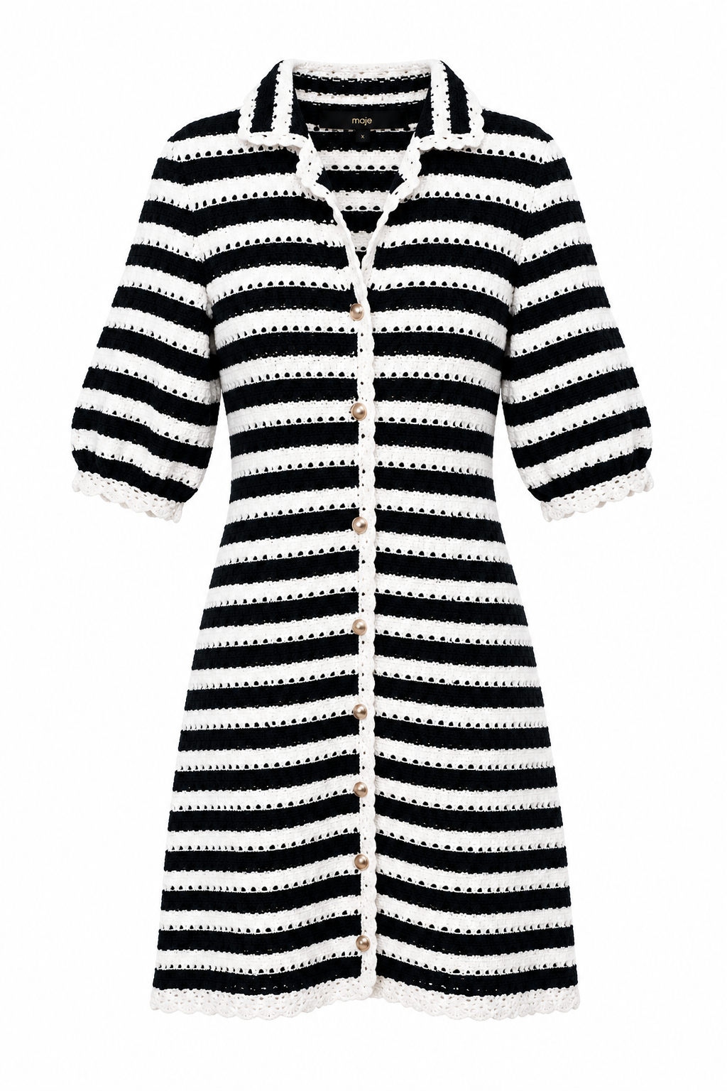 Maje 'Rosette' Navy & Ecru Crochet Knit Mini Dress