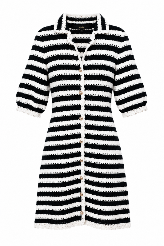 Maje 'Rosette' Navy & Ecru Crochet Knit Mini Dress