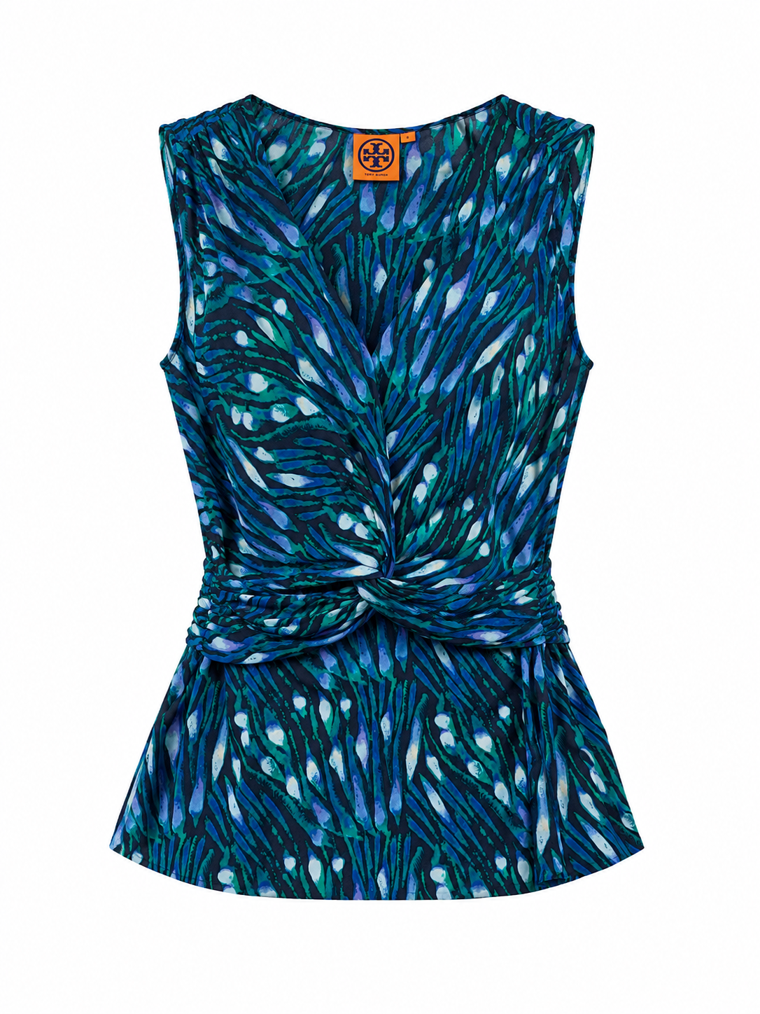 Tory Burch Blue & Green Abstract Twist Front Silk Top