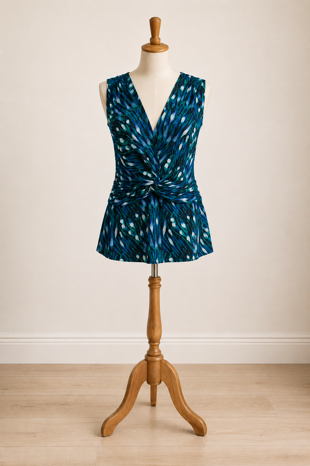 Tory Burch Blue & Green Abstract Twist Front Silk Top
