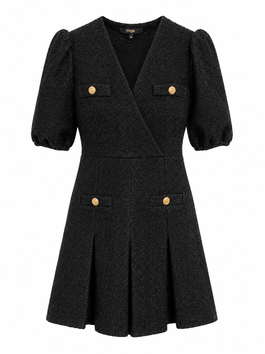 Maje Riolette Black Tweed Mini Dress with Gold Button Detail