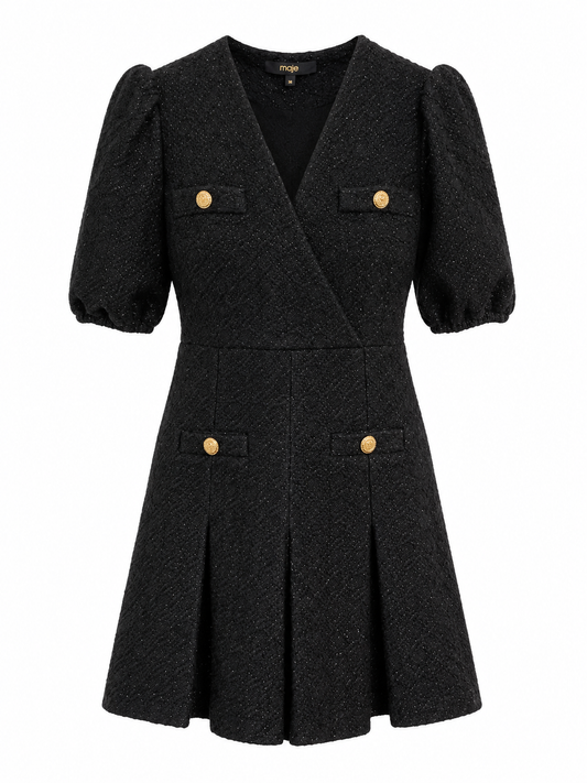 Maje Riolette Black Tweed Mini Dress with Gold Button Detail
