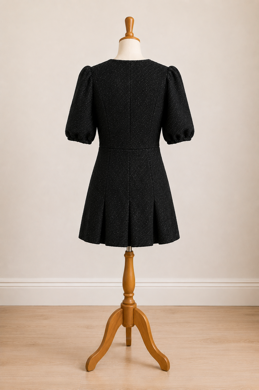 Maje Riolette Black Tweed Mini Dress with Gold Button Detail