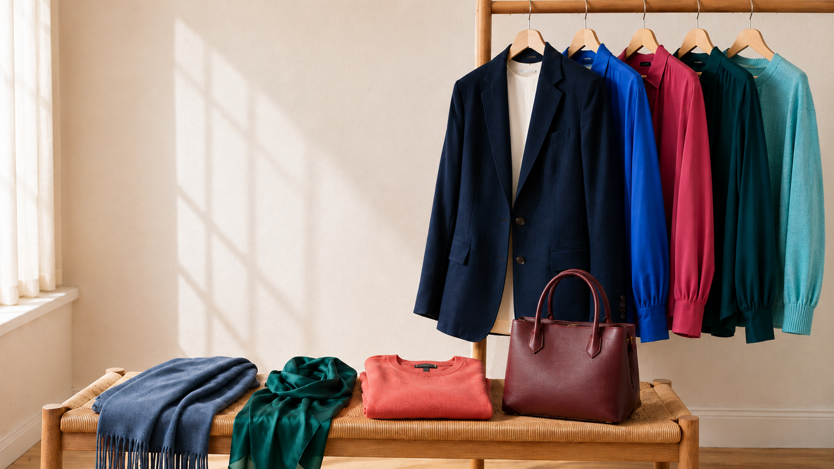 A refined Linity wardrobe vignette with navy tailoring and carefully curated colour pieces from across the seasonal palettes.