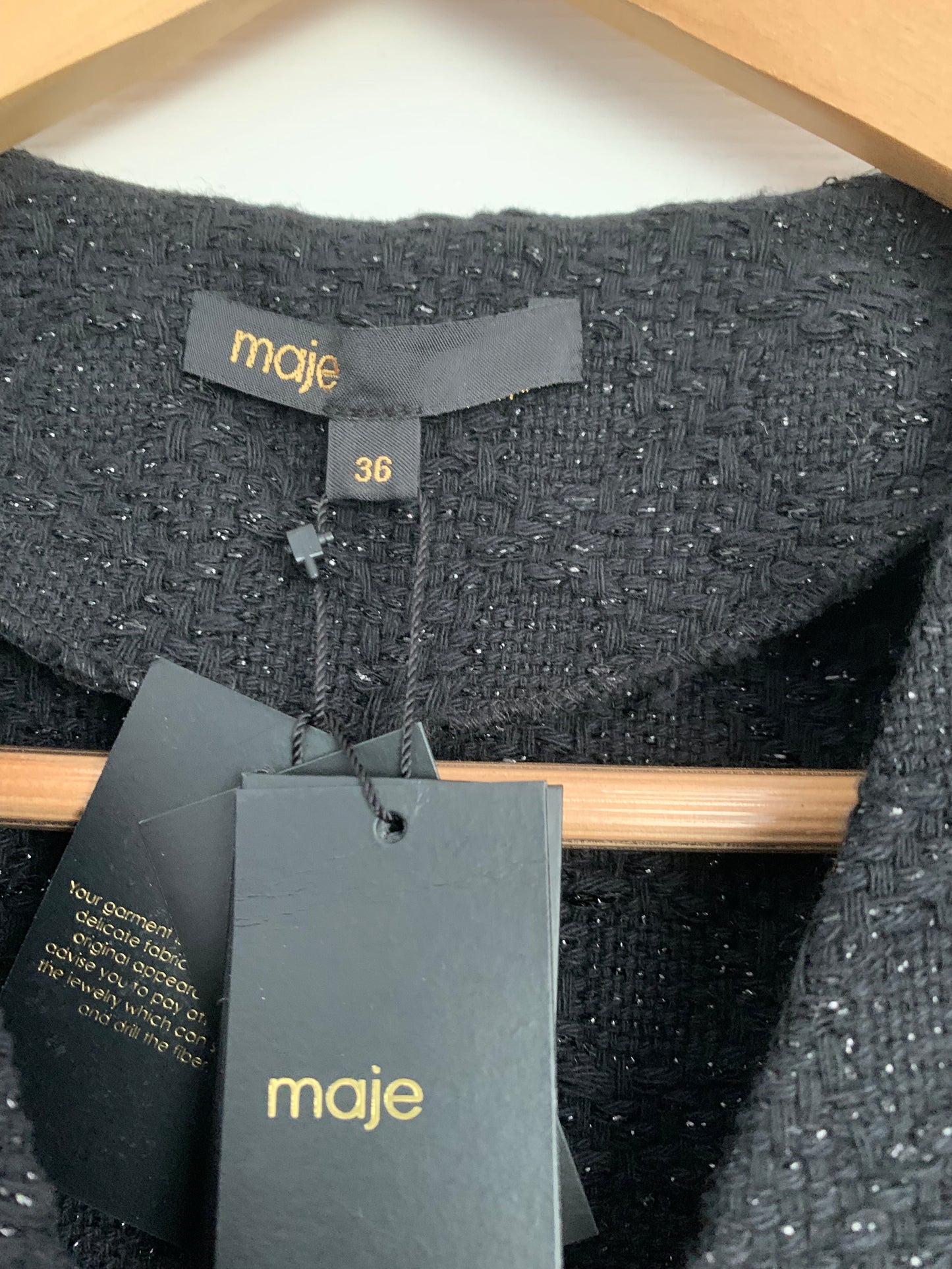 Maje Riolette Black Tweed Mini Dress with Gold Button Detail