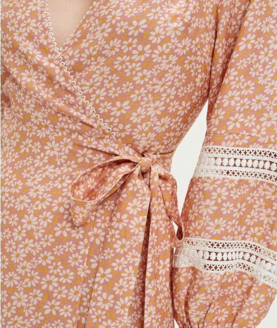 Maje Peach/Pink Daisy Floral Linen Blend Wrap Midi Dress